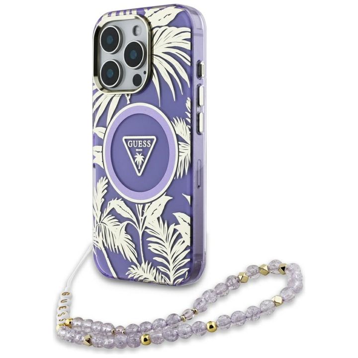 Etui Guess Palm Trees Triangle Pearl     Strap MagSafe do iPhone 16 Pro fioletowy na NearMe.pl