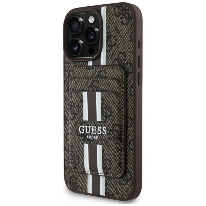 Etui Guess 4G Stripes z portfelem        Magsafe do iPhone 16 Pro Max brązowy na NearMe.pl
