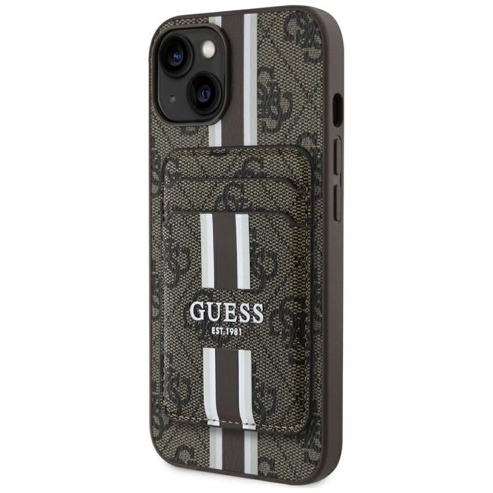 Etui Guess 4G Stripes z portfelem        Magsafe do iPhone 15 brązowy na NearMe.pl