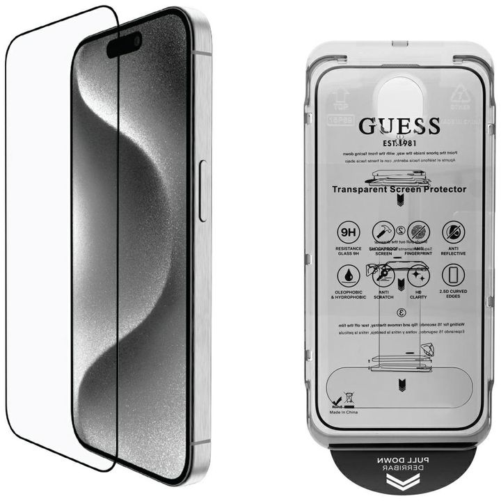 Zestaw 2w1 Guess BP Rhinestone szkło na  ekran i obiektyw aparatu do iPhone 16 Pro Max srebrny na NearMe.pl