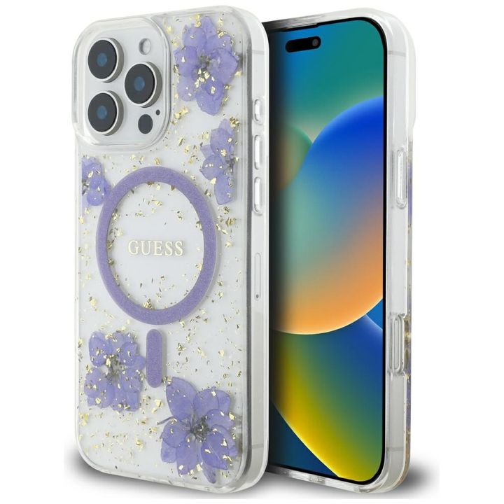 Etui Guess Resin Flowers MagSafe do      iPhone 16 Pro Max fioletowy na NearMe.pl