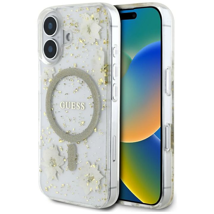 Etui Guess Resin Flowers Glitter MagSafe do iPhone 16 beżowy na NearMe.pl