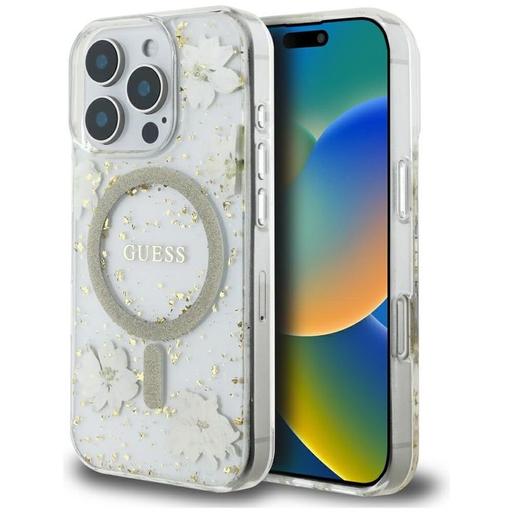 Etui Guess Resin Flowers Glitter MagSafe do iPhone 16 Pro  beżowy na NearMe.pl