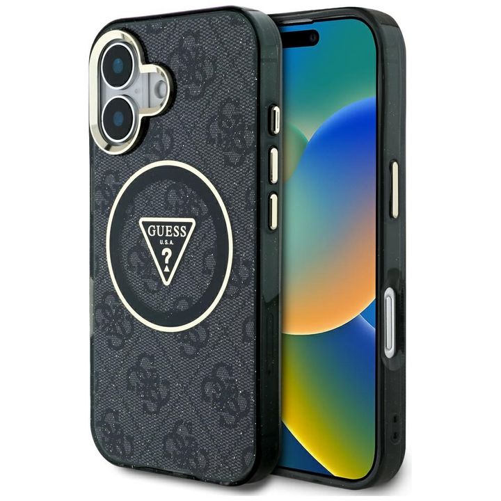 Etui Guess IML Metal Glitter 4G Circle   Triangle MagSafe do iPhone 16 czarny na NearMe.pl