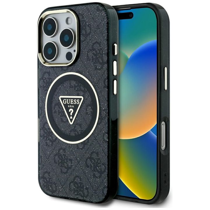 Etui Guess IML Metal Glitter 4G Circle   Triangle MagSafe do iPhone 16 Pro Max czarny na NearMe.pl