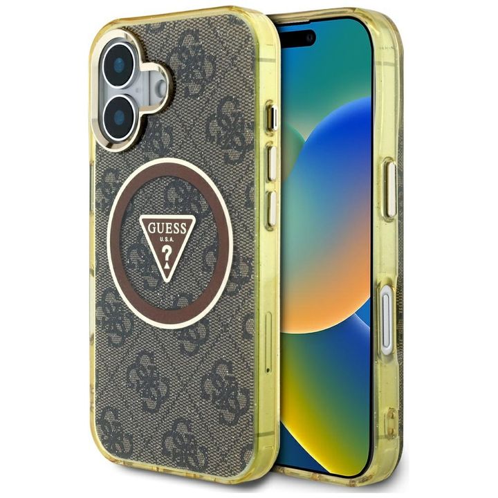 Etui Guess IML Metal Glitter 4G Circle   Triangle MagSafe do iPhone 16 brązowy na NearMe.pl