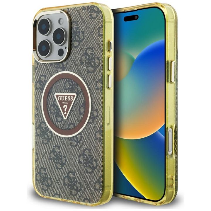 Etui Guess IML Metal Glitter 4G Circle   Triangle MagSafe do iPhone 16 Pro Max brązowy na NearMe.pl