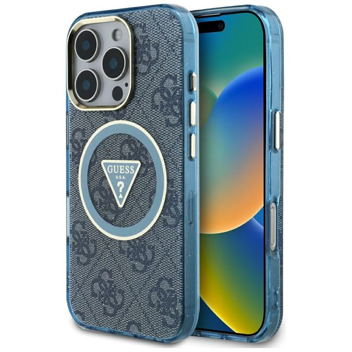 Etui Guess IML Metal Glitter 4G Circle   Triangle MagSafe do iPhone 16 Pro Max niebieski na NearMe.pl