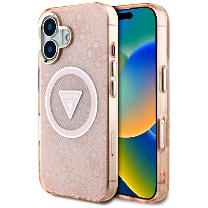 Etui Guess IML Metal Glitter 4G Circle   Triangle MagSafe do iPhone 16 różowy na NearMe.pl
