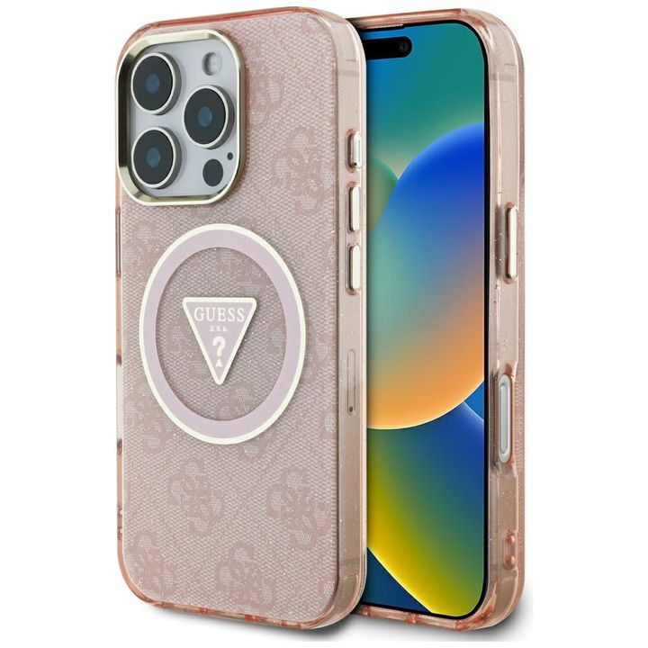 Etui Guess IML Metal Glitter 4G Circle   Triangle MagSafe do iPhone 16 Pro Max różowy na NearMe.pl