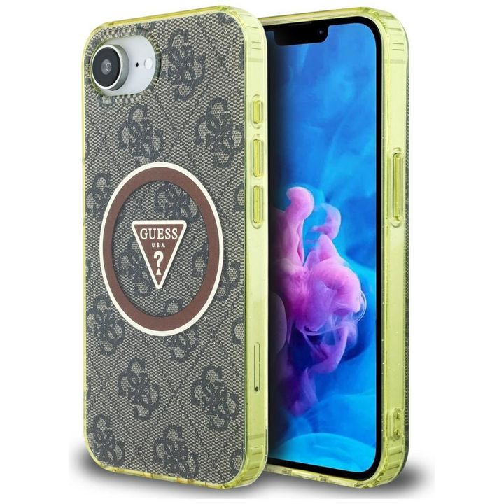 Etui Guess IML Metal Glitter 4G Circle   Triangle MagSafe do iPhone 16e / 17e brązowy na NearMe.pl