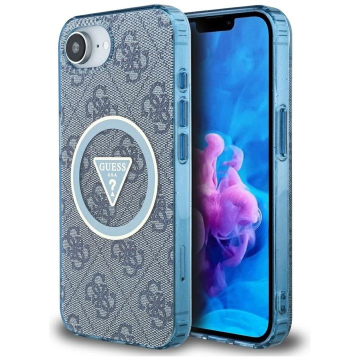 Etui Guess IML Metal Glitter 4G Circle   Triangle MagSafe do iPhone 16e / 17e niebieski na NearMe.pl