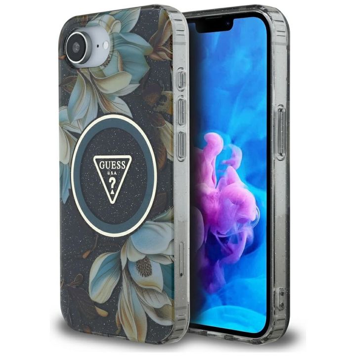 Etui Guess IML Metal Glitter Flowers     Triangle MagSafe do iPhone 16e / 17e czarny na NearMe.pl