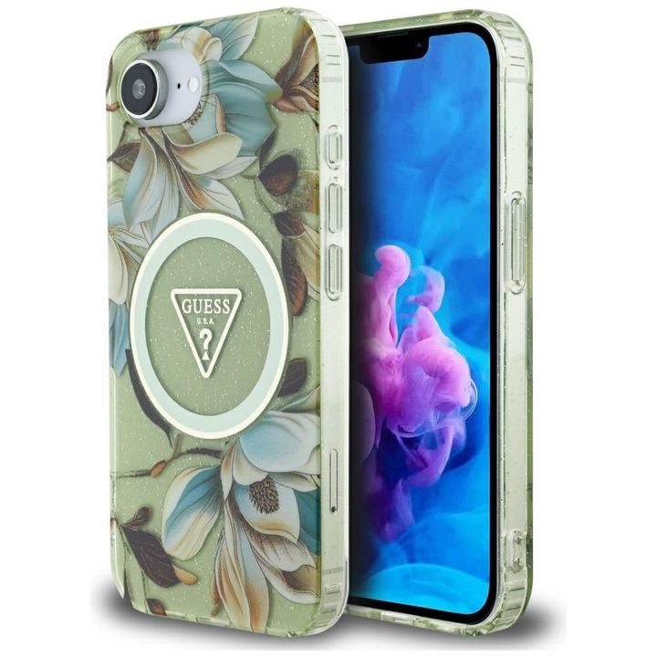 Etui Guess IML Metal Glitter Flowers     Triangle MagSafe do iPhone 16e / 17e zielony na NearMe.pl