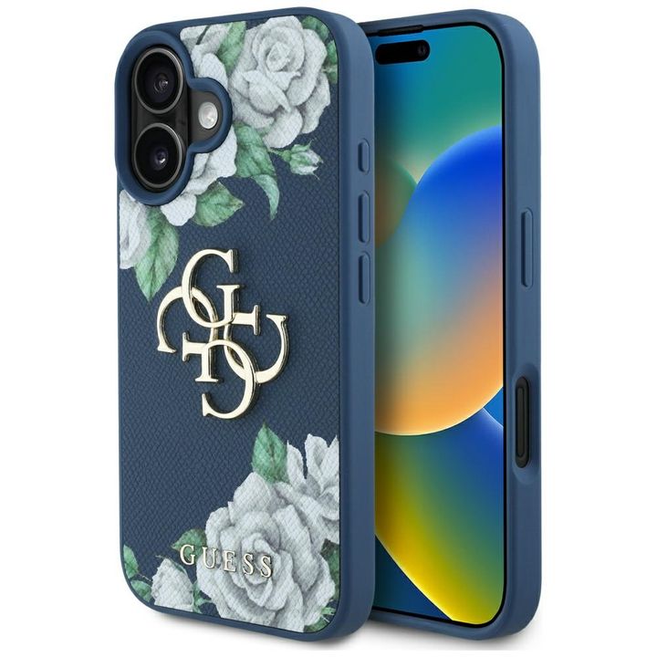 Etui Guess Grained Roses Big 4G logo do  iPhone 16 niebieski na NearMe.pl