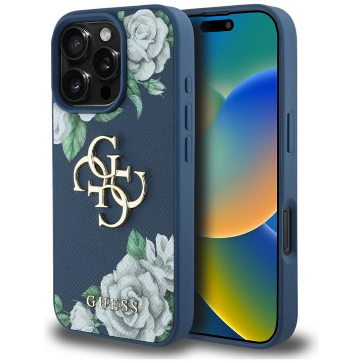 Etui Guess Grained Roses Big 4G logo do  iPhone 16 Pro niebieski na NearMe.pl