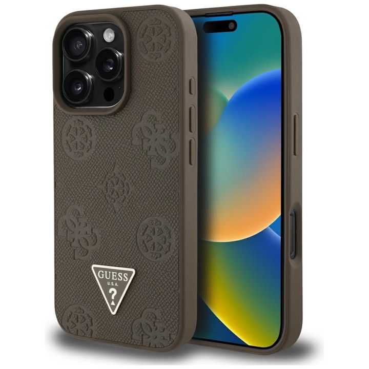 Etui Guess Grained Hot Stamp Peony       Triangle Logo MagSafe do iPhone 16 Pro Max brązowy na NearMe.pl
