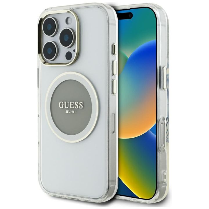 Etui Guess IML Metal Colored Circle      Classic Logo MagSafe do iPhone 16 Pro szary na NearMe.pl