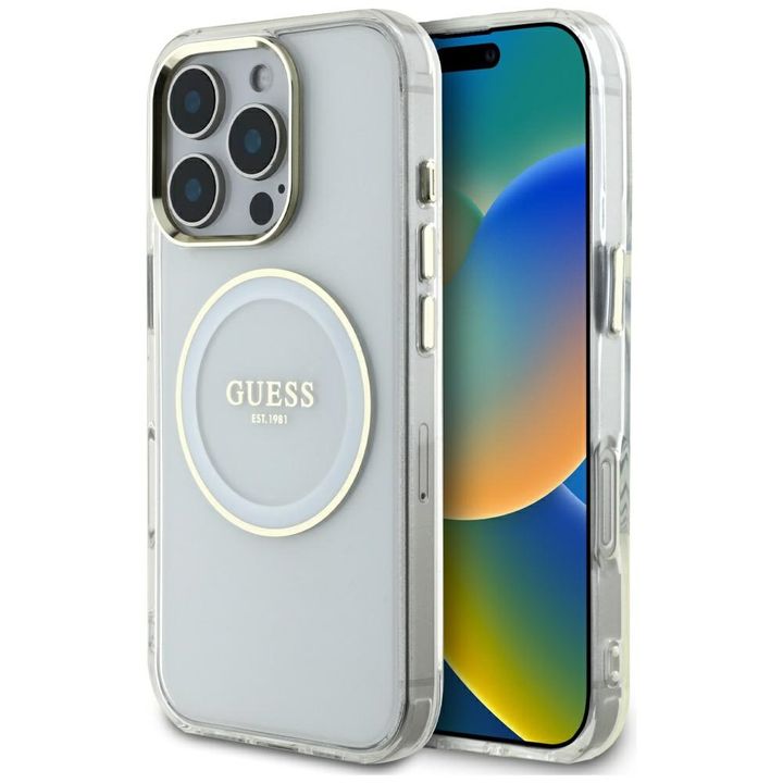 Etui Guess IML Metal Colored Circle      Classic Logo MagSafe do iPhone 16 Pro biały na NearMe.pl