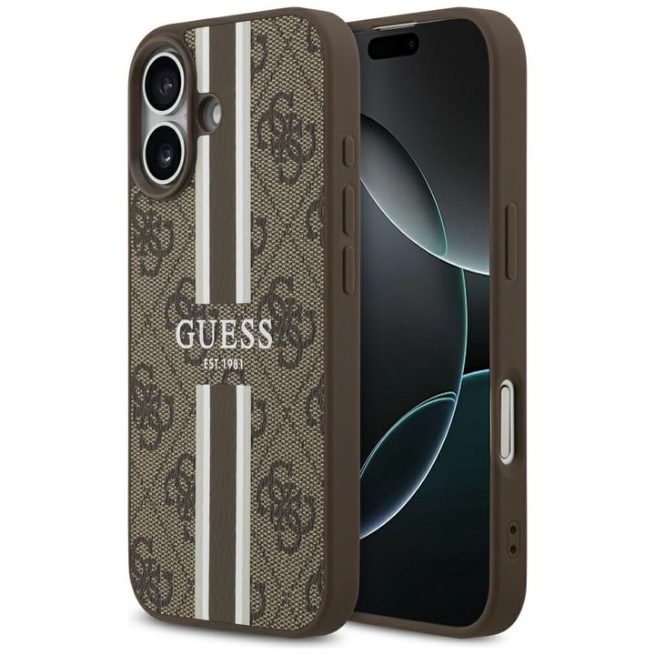 Etui Guess 4G Printed Stripes MagSafe do iPhone 17 brązowy na NearMe.pl