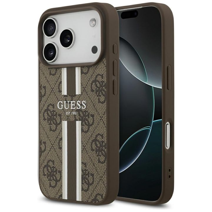 Etui Guess 4G Printed Stripes MagSafe do iPhone 17 Pro brązowy na NearMe.pl