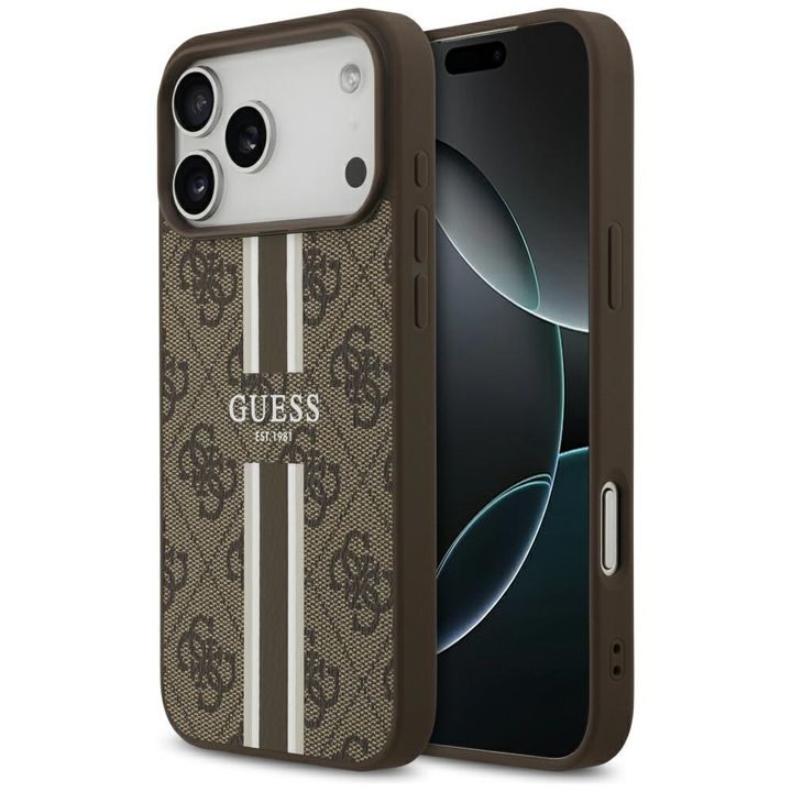 Etui Guess 4G Printed Stripes MagSafe do iPhone 17 Pro Max brązowy na NearMe.pl