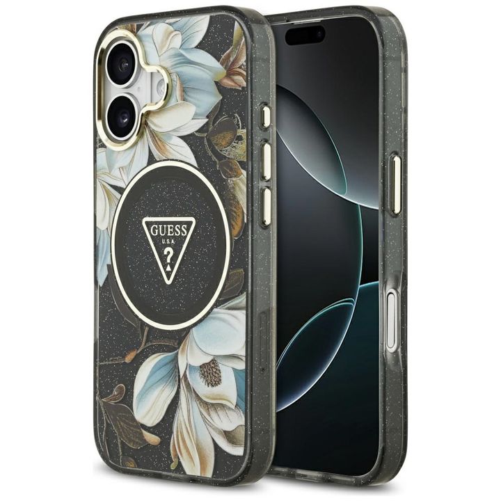 Etui Guess IML Glitter Flowers Triangle  MagSafe do iPhone 17 czarny na NearMe.pl