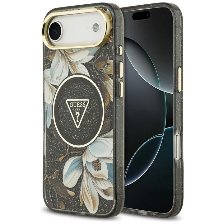 Etui Guess IML Glitter Flowers Triangle  MagSafe do iPhone Air czarny na NearMe.pl