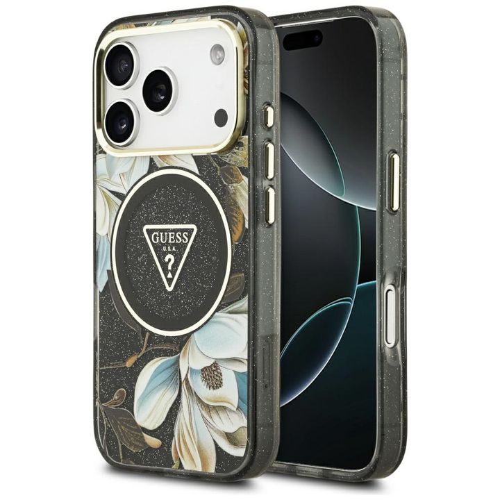 Etui Guess IML Glitter Flowers Triangle  MagSafe do iPhone 17 Pro czarny na NearMe.pl