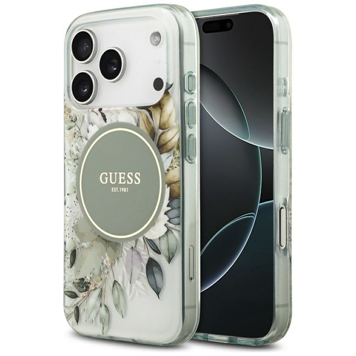 Etui Guess IML Flower & Tonal Circle     MagSafe do iPhone 17 Pro Max zielony na NearMe.pl