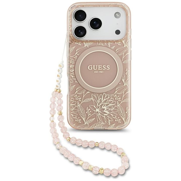 Etui Guess IML Flowers Electro Pearl     Strap MagSafe do iPhone 17 Pro różowy na NearMe.pl