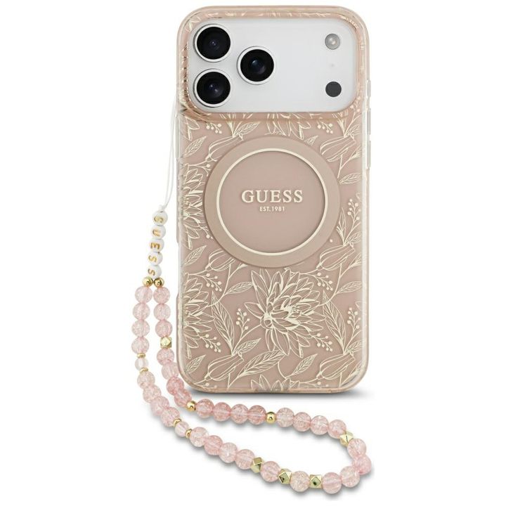 Etui Guess IML Flowers Electro Pearl     Strap MagSafe do iPhone 17 Pro Max różowy na NearMe.pl