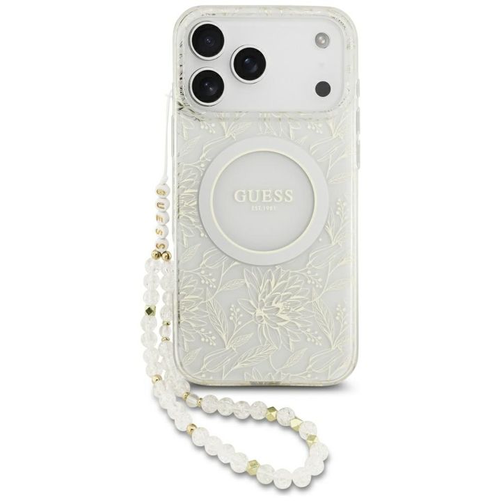 Etui Guess IML Flowers Electro Pearl     Strap MagSafe do iPhone 17 Pro Max biały na NearMe.pl