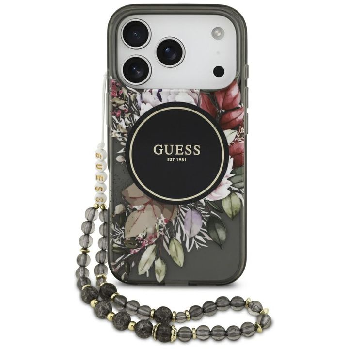 Etui Guess IML Flowers Pearl Strap       MagSafe do iPhone 17 Pro czarny na NearMe.pl