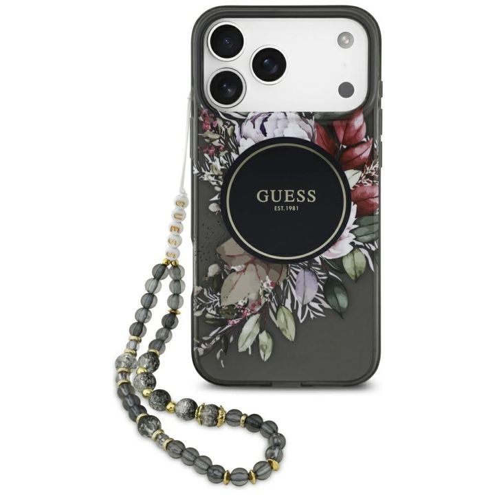 Etui Guess IML Flowers Pearl Strap       MagSafe do iPhone 17 Pro Max czarny na NearMe.pl