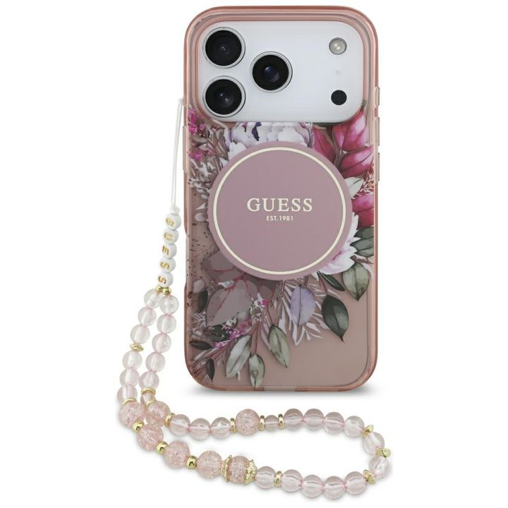 Etui Guess IML Flowers Pearl Strap       MagSafe do iPhone 17 Pro różowy na NearMe.pl