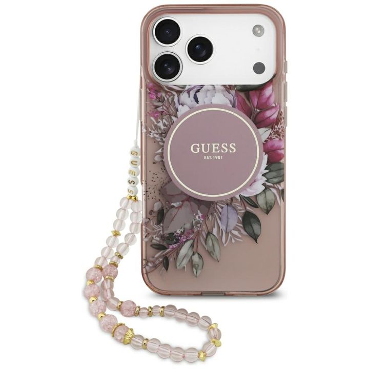 Etui Guess IML Flowers Pearl Strap       MagSafe do iPhone 17 Pro Max różowy na NearMe.pl