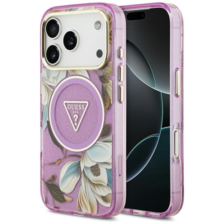 Etui Guess IML Glitter Flowers Triangle  MagSafe do iPhone 17 Pro Max fioletowy na NearMe.pl