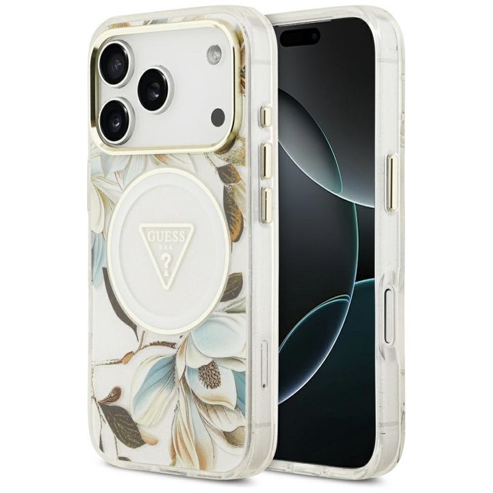 Etui Guess IML Glitter Flowers Triangle  MagSafe do iPhone 17 Pro biały na NearMe.pl
