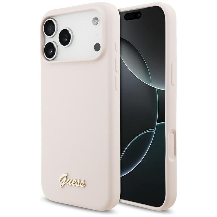 Etui Guess Silicone Script Metal Logo    MagSafe do iPhone 17 Pro Max różowy na NearMe.pl