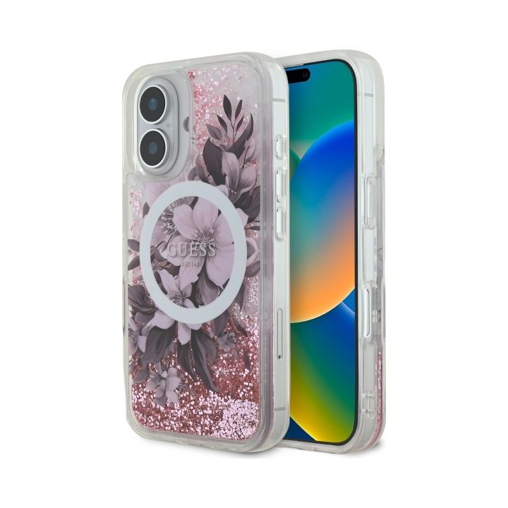 Guess GUHMP16SLFMWTP iPhone 16 6.1" różowy/pink hardcase Liquid Glitter Flower MagSafe na NearMe.pl