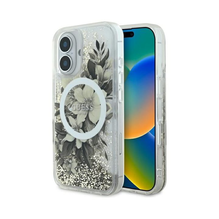 Guess GUHMP16SLFMWTE iPhone 16 6.1" beżowy/beige hardcase Liquid Glitter Flower MagSafe na NearMe.pl