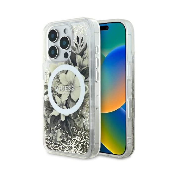 Guess GUHMP16XLFMWTE iPhone 16 Pro Max 6.9" beżowy/beige hardcase Liquid Glitter Flower MagSafe na NearMe.pl