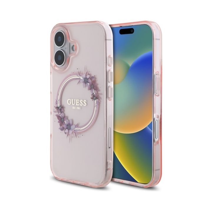 Guess GUHMP16SHFWFCP iPhone 16 6.1" różowy/pink hardcase IML Flowers Wreath MagSafe na NearMe.pl