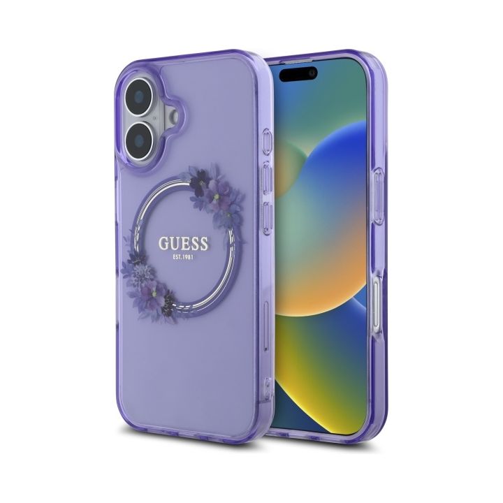Guess GUHMP16SHFWFCU iPhone 16 6.1"      fioletowy/purple hardcase IML Flowers Wreath MagSafe na NearMe.pl