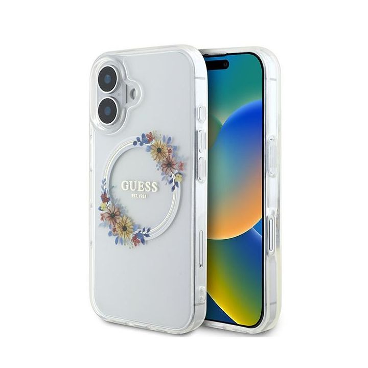Guess GUHMP16MHFWFCT iPhone 16 Plus 6.7" przeźroczysty/transparent hardcase IML Flowers Wreath MagSafe na NearMe.pl