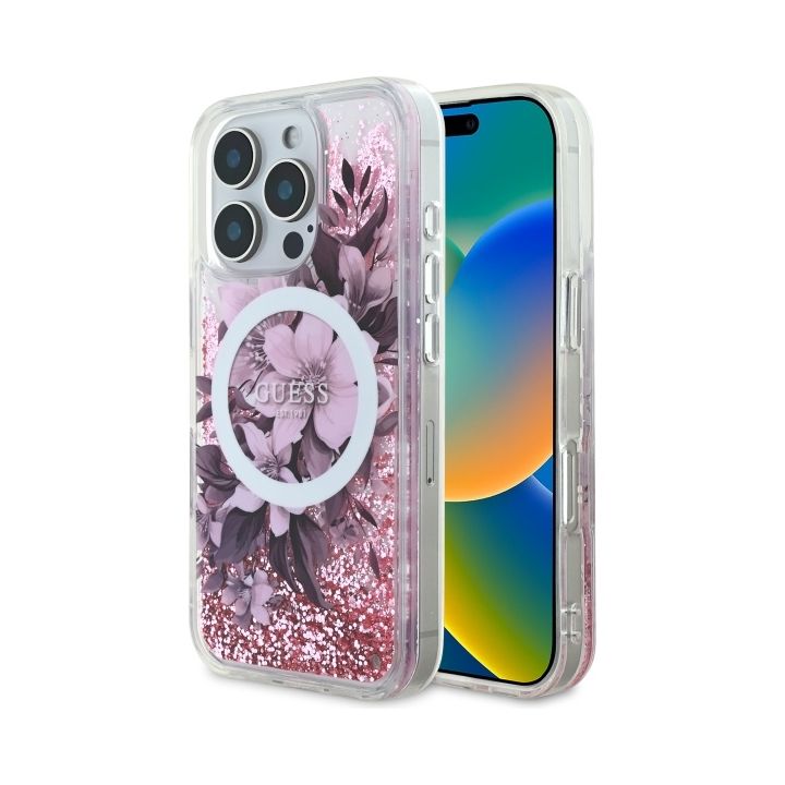 Guess GUHMP16LLFMWTP iPhone 16 Pro 6.3"  różowy/pink hardcase Liquid Glitter Flower MagSafe na NearMe.pl