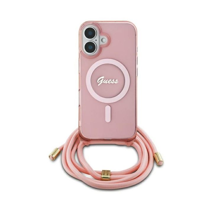 Guess GUHMP16SHCTSGNSP iPhone 16 6.1"    różowy/pink hardcase Crossbody Cord Script MagSafe na NearMe.pl