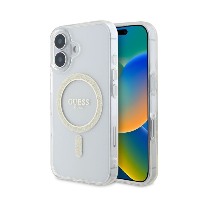 Guess GUHMP16MHFGERET iPhone 16 Plus 6.7" przeźroczysty/transparent hardcase IML Glitter Circle MagSafe na NearMe.pl