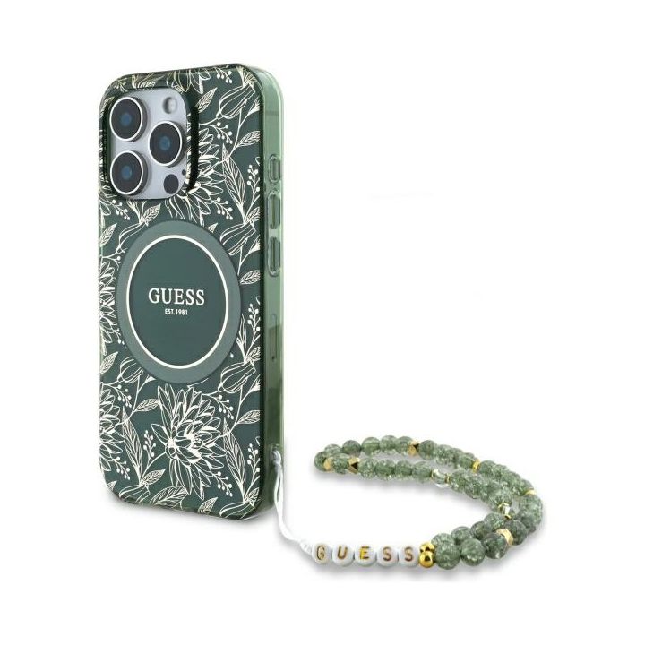Guess GUHMP16XHCPOFPA iPhone 16 Pro Max  6.9" zielony/green hardcase IML Flowers Allover Electro With Pearl Strap MagSafe na NearMe.pl